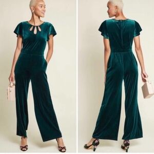 Modcloth Emerald Green Teal Keyhole Velvet Jumpsuit HEMMED